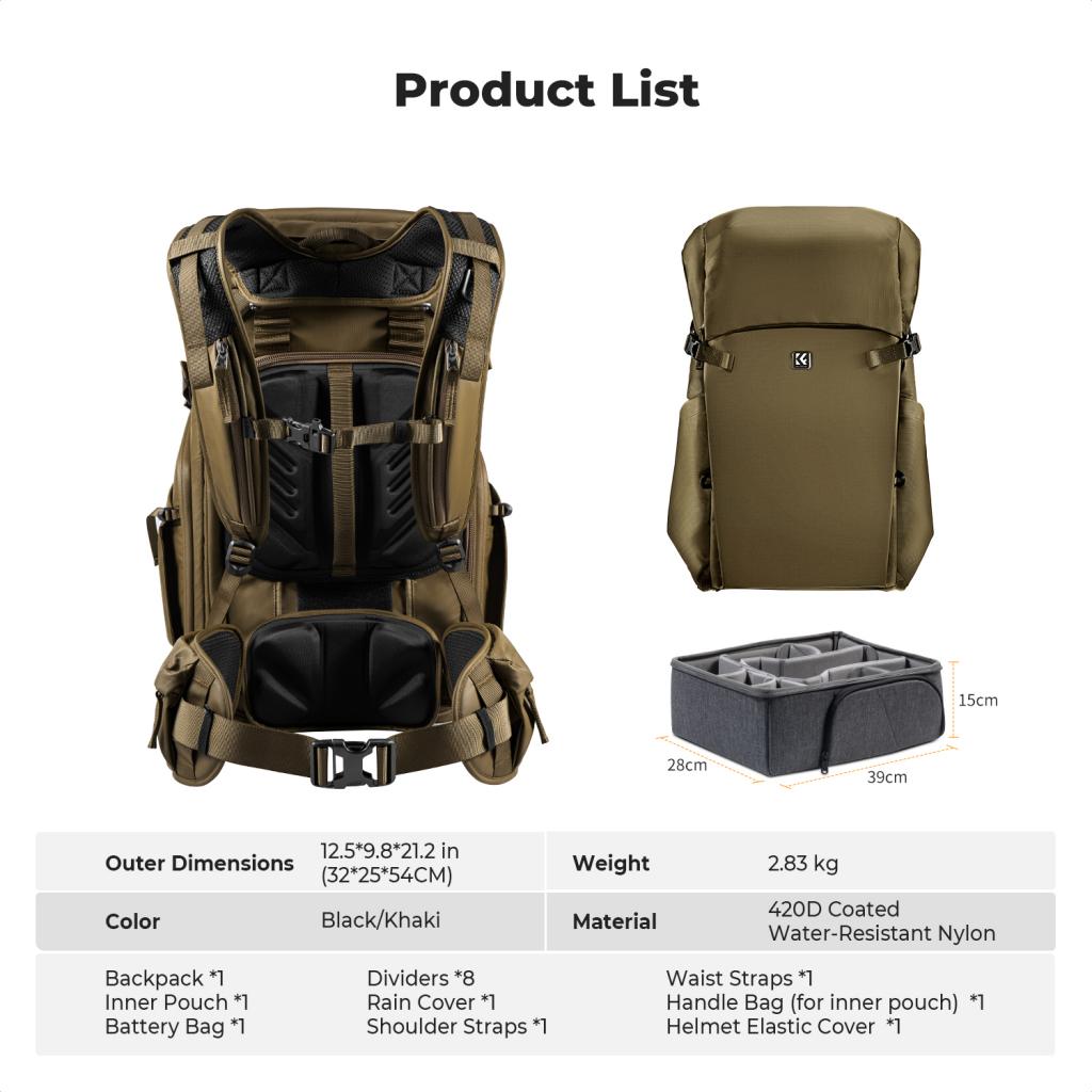 K&F Concept 30L voděodolný batoh na fotoaparát s nastavitelnou vložkou a místem pro 15" laptop Star Wander 01 hnědá