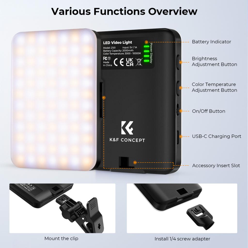 K&F Concept LED Video světlo s klipem