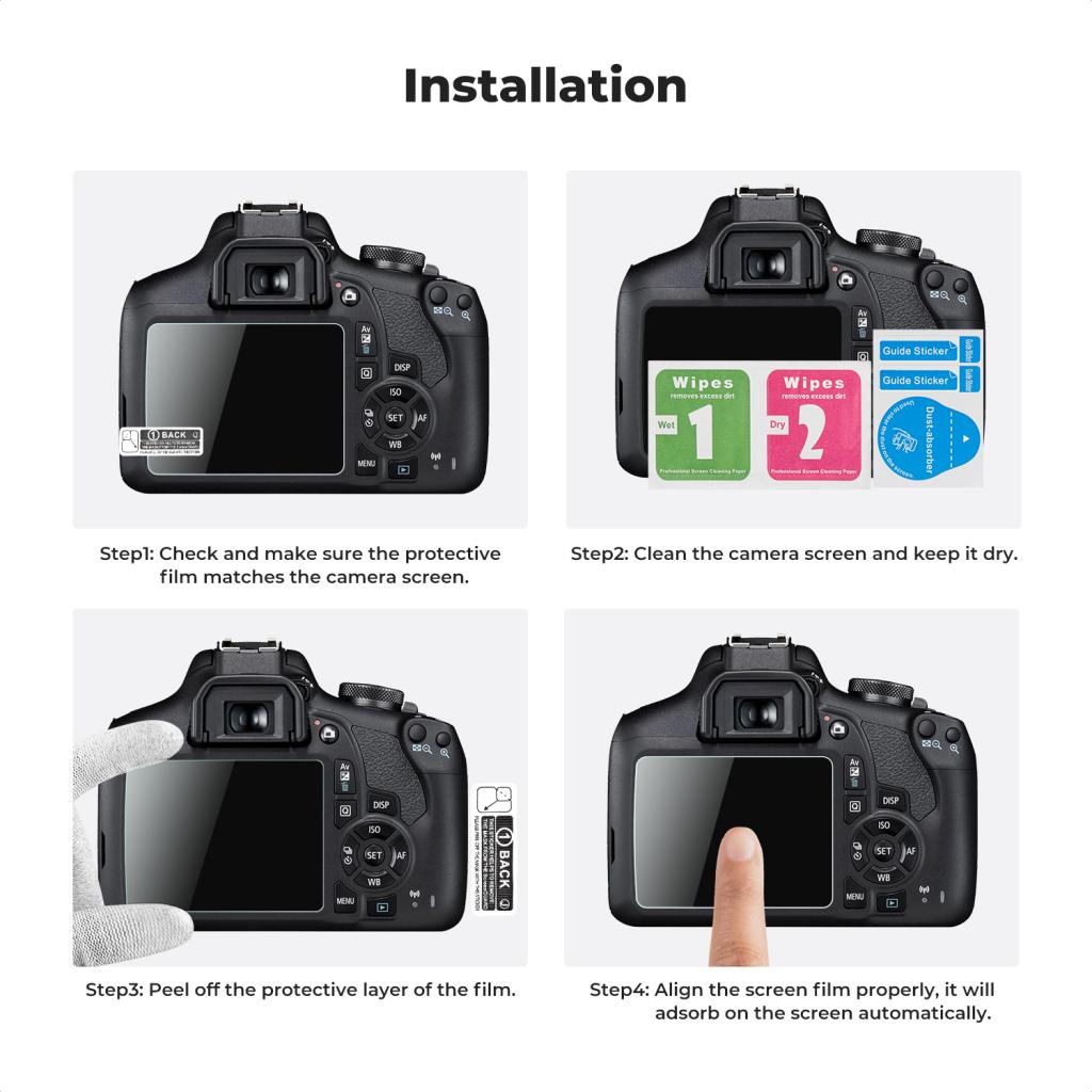 K&F Concept ochranné sklo displeje pro fotoaparáty Canon EOS 1200D, 1300D, 2000D, 3 kusy v setu s dalším příslušenstvím