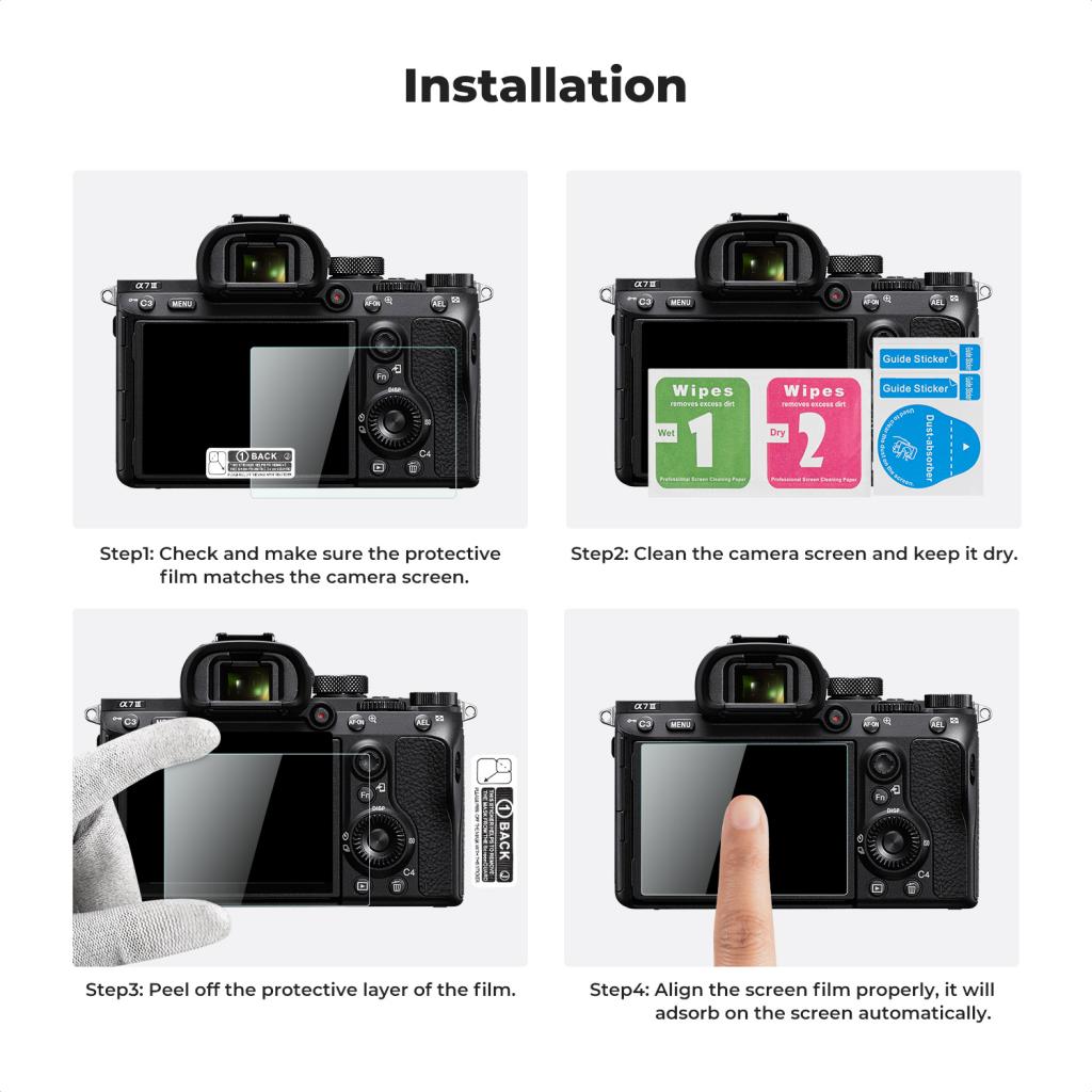 K&F Concept ochranné sklo displeje pro fotoaparáty řady Sony A9, A7III, A7R II/RX10, 3 kusy v setu s dalším příslušenstvím