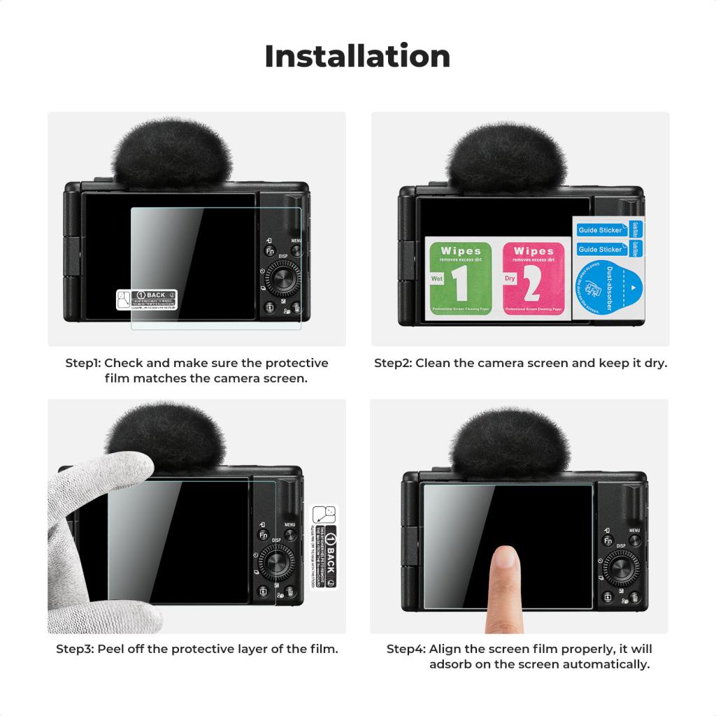 K&F Concept ochranné sklo displeje pro fotoaparáty Sony ZV-1, ZV-1 II, ZV-E10, 3 kusy v setu s dalším příslušenstvím