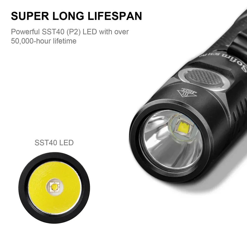 Nabíjecí taktická svítilna Sofirn SC31 Pro černá 6500K, 2000 lumenů, s akumulátorem