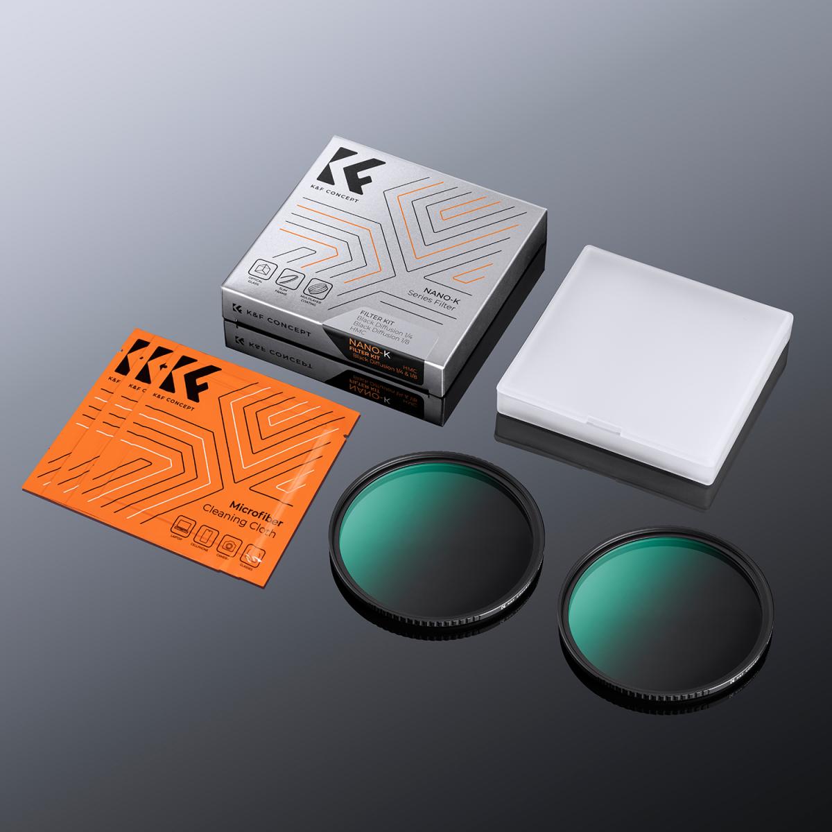 K&F Concept sada filtrů Black Mist 1/4+1/8 +3 utěrky, průměr 62mm