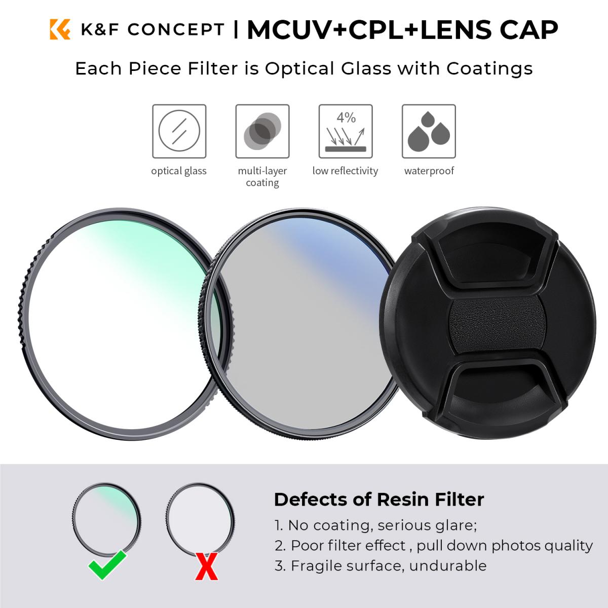 K&F Concept sada filtrů UV+CPL+pouzdro+krytka objektivu+3 utěrky, průměr 43mm