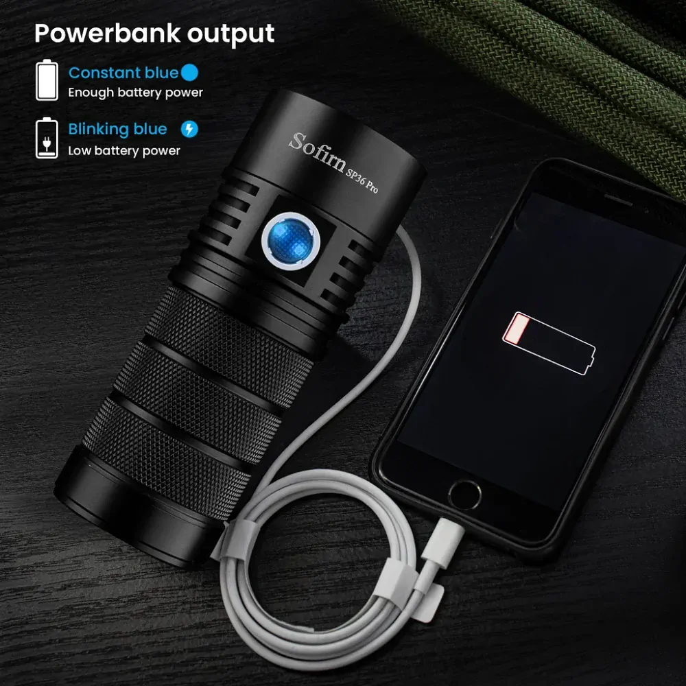 Kompaktní výkonná svítilna Sofirn SP36pro 6500K, s funkcí powerbanky, 8000 lumenů, s akumulátory