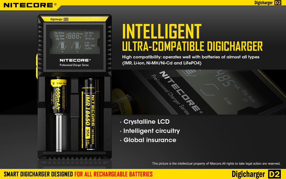 NITECORE D2 digitální nabíječka - dvě nezávislé pozice, Li-Ion, Ni-MH, Ni-Cd