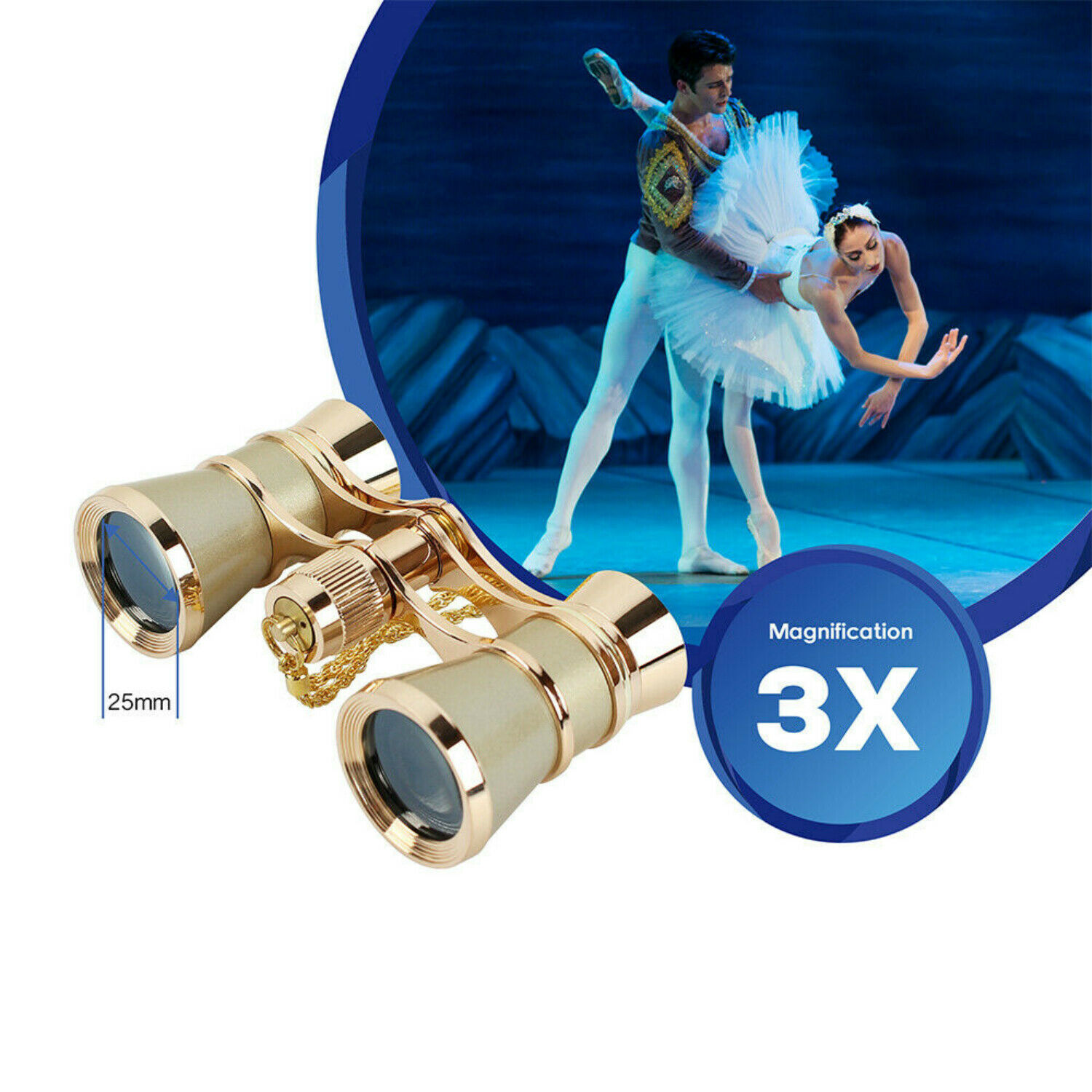 Divadelní kukátko 3x25 zlaté - bronzové s řetízkem