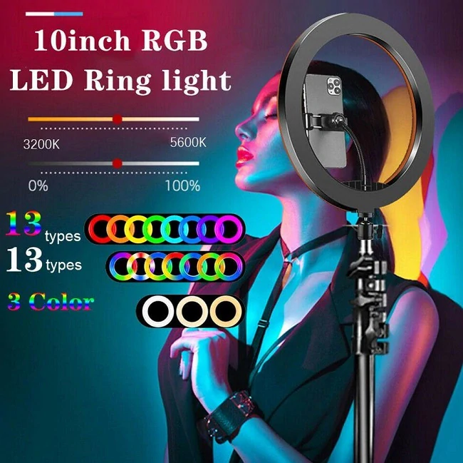 Kruhové RGB světlo 260mm s dvěma stativy