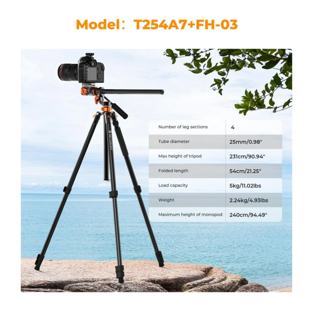 K&F Concept T254A7+FH-03 Profesionální video stativ s horizontálním ramenem 231 cm