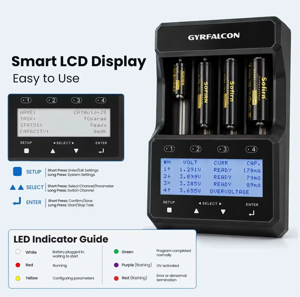 Nabíječka a analyzátor baterií GyrFalcon S4000 Pro s LCD