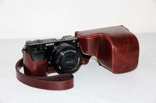 Kožené pouzdro pro fotoaparát Sony Alpha A6100 tmavě hnědé