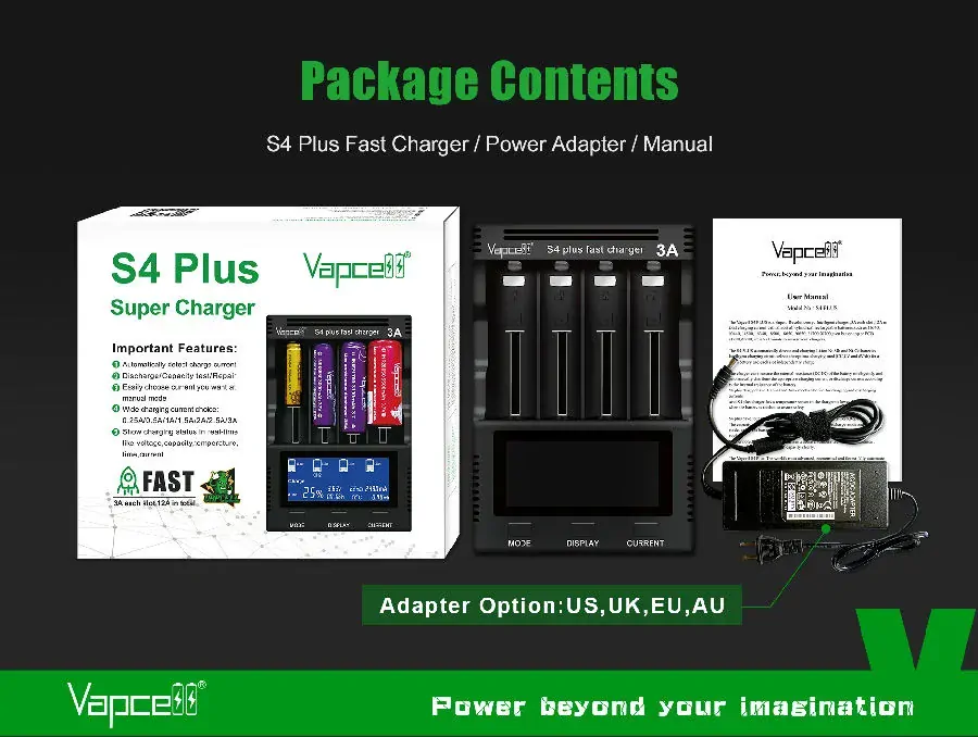 Vapcell S4+ univerzální chytrá 3A rychlo nabíječka pro články Li-ion / Ni-MH / Ni-Cd V3.0