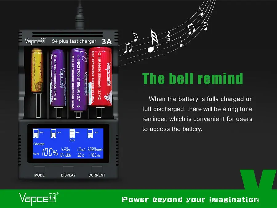 Vapcell S4+ univerzální chytrá 3A rychlo nabíječka pro články Li-ion / Ni-MH / Ni-Cd V3.0