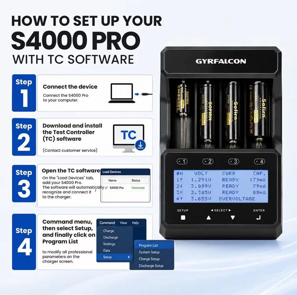 Nabíječka a analyzátor baterií GyrFalcon S4000 Pro s LCD