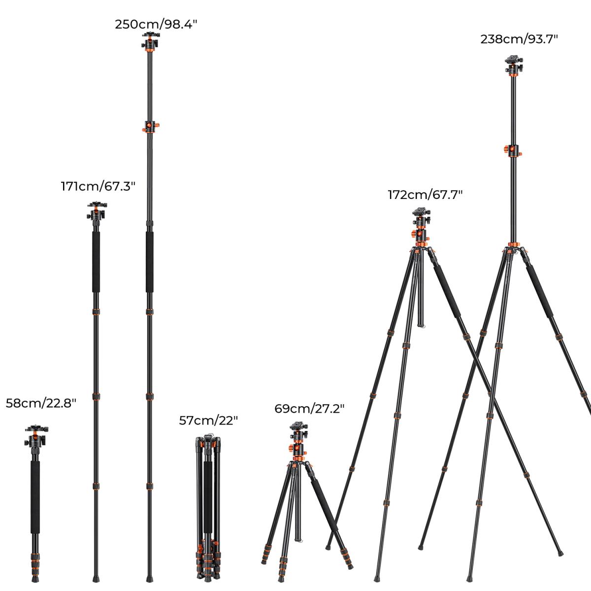 Pokročilý vysoký fotografický stativ K&F Concept SA254T1 horizontální