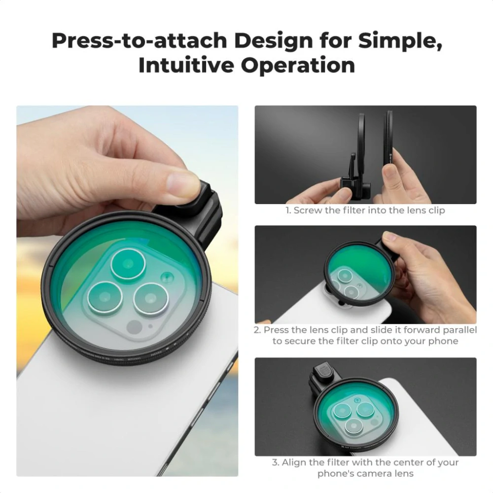 K&F Concept Variabilní ND filtr ND2-ND32 67mm s klipem pro mobilní telefony včetně odolného pouzdra