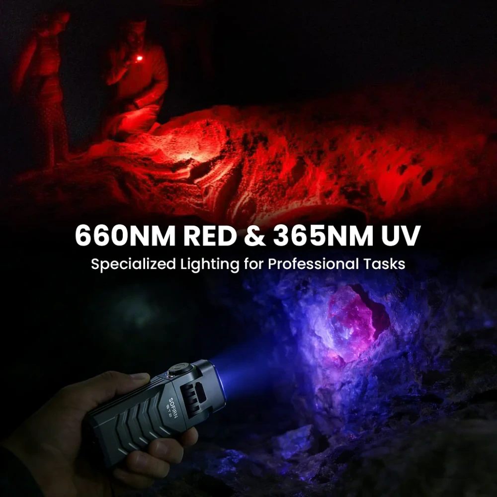 Otočná pracovní svítilna Sofirn ST2 s UV a červeným světlem, 3000 lumenů, s akumulátory