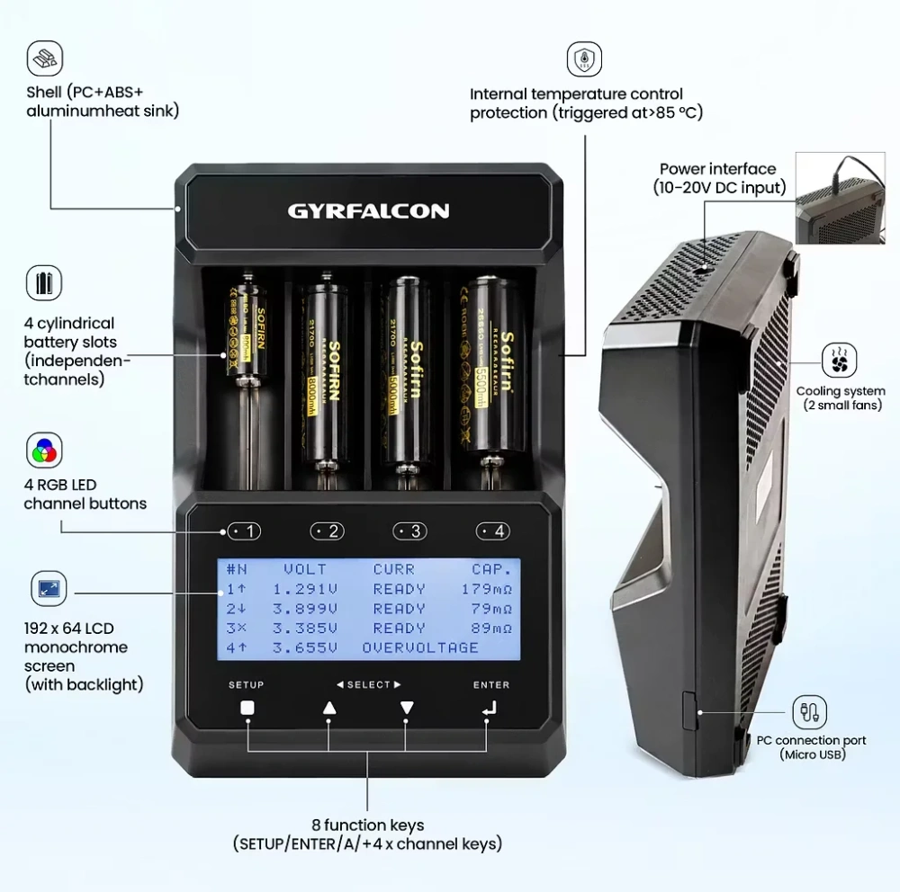 Nabíječka a analyzátor baterií GyrFalcon S4000 Pro s LCD