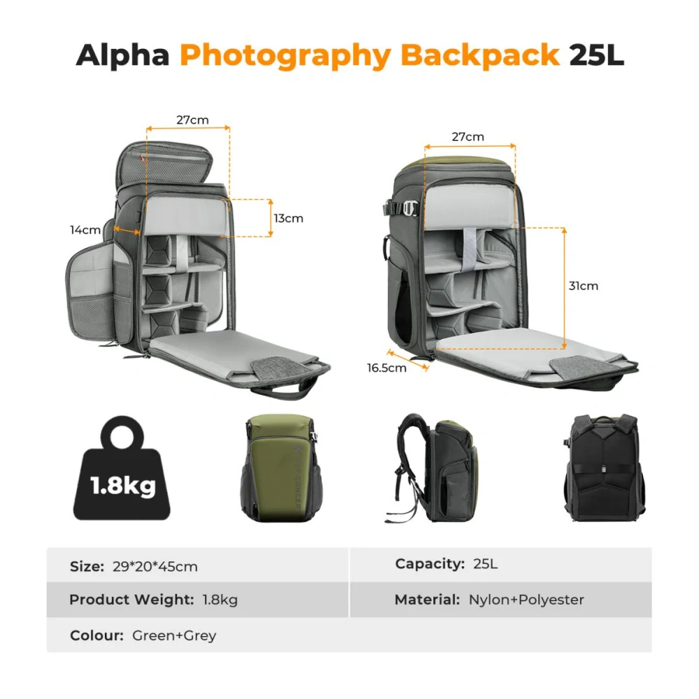 Modulární fotobatoh K&F Concept Camera Alpha Backpack Air 25l zelený