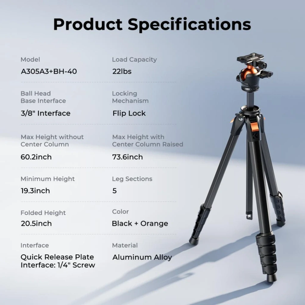 K&F Concept A305A3+BH-40 Kompaktní hliníkový stativ 185 cm
