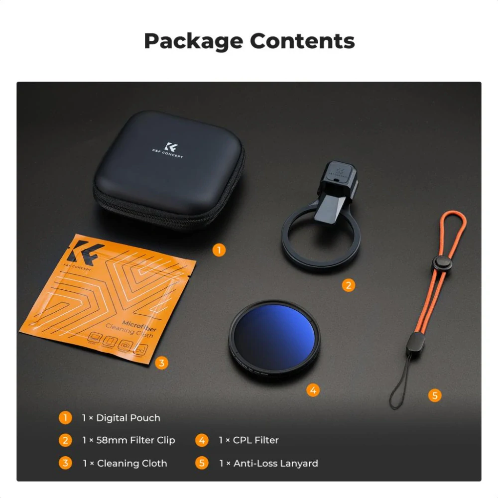 K&F Concept Polarizační CPL filtr 58mm s klipem pro mobilní telefony včetně odolného pouzdra