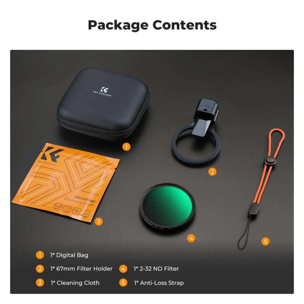 K&F Concept Variabilní ND filtr ND2-ND32 67mm s klipem pro mobilní telefony včetně odolného pouzdra